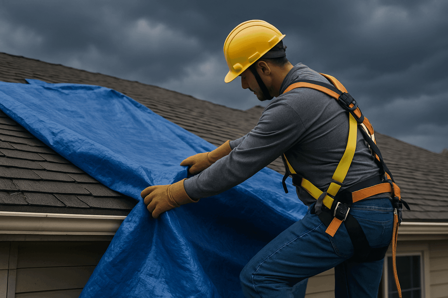 Homeowner placing tarp on roof after storm damage