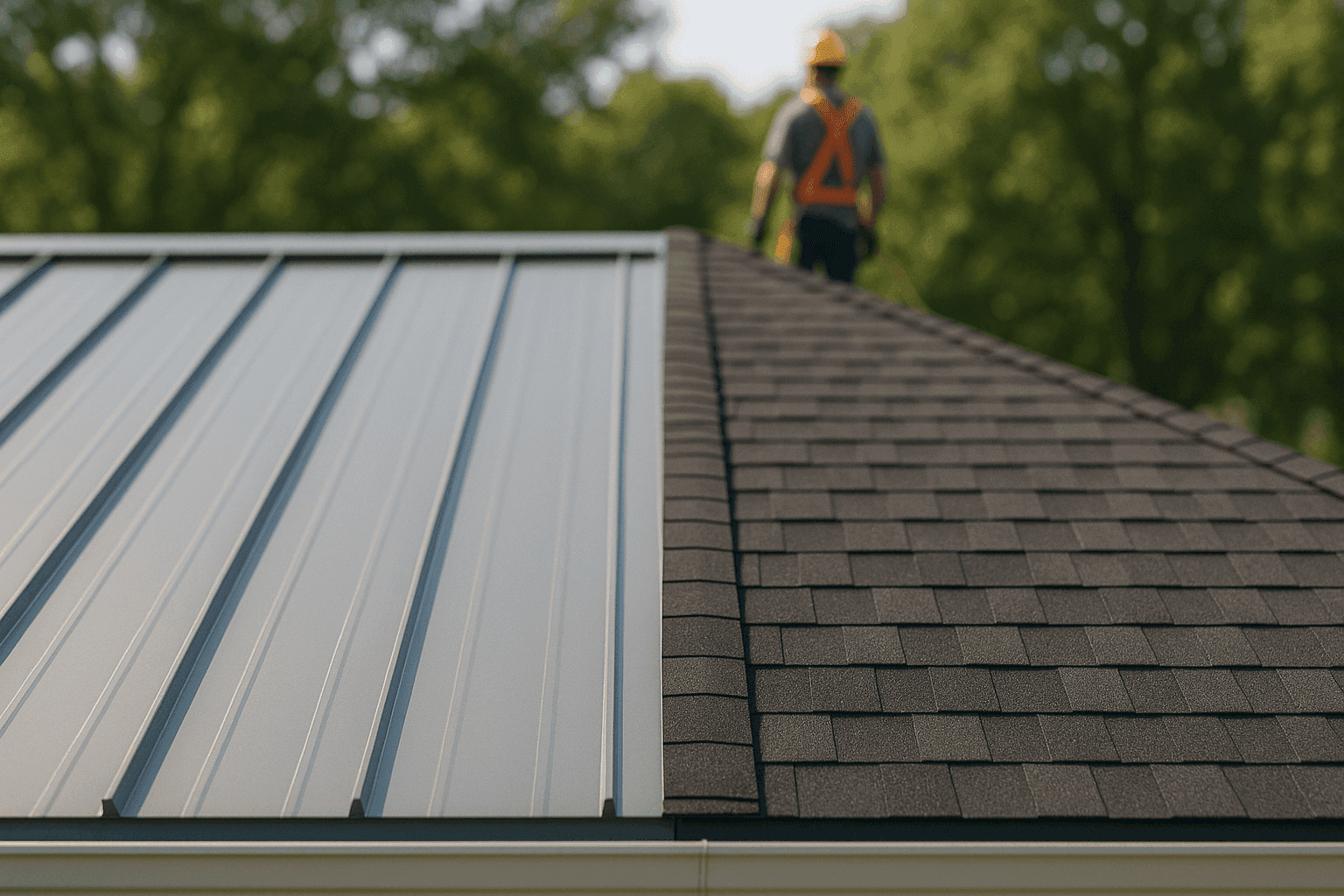 Close-up comparison of metal roofing and asphalt shingles on a home