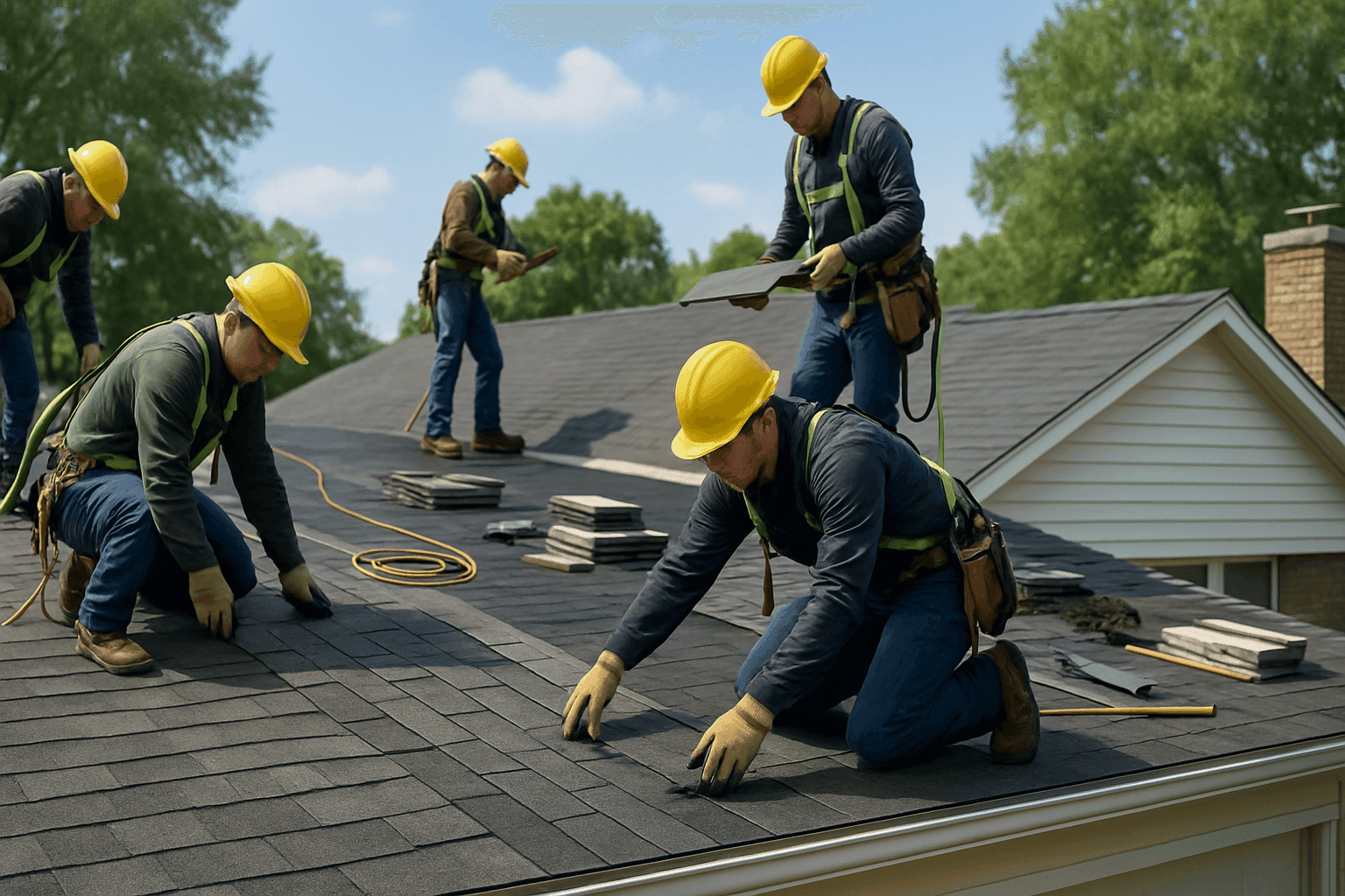 Professional roofing team replacing shingles on a residential roof