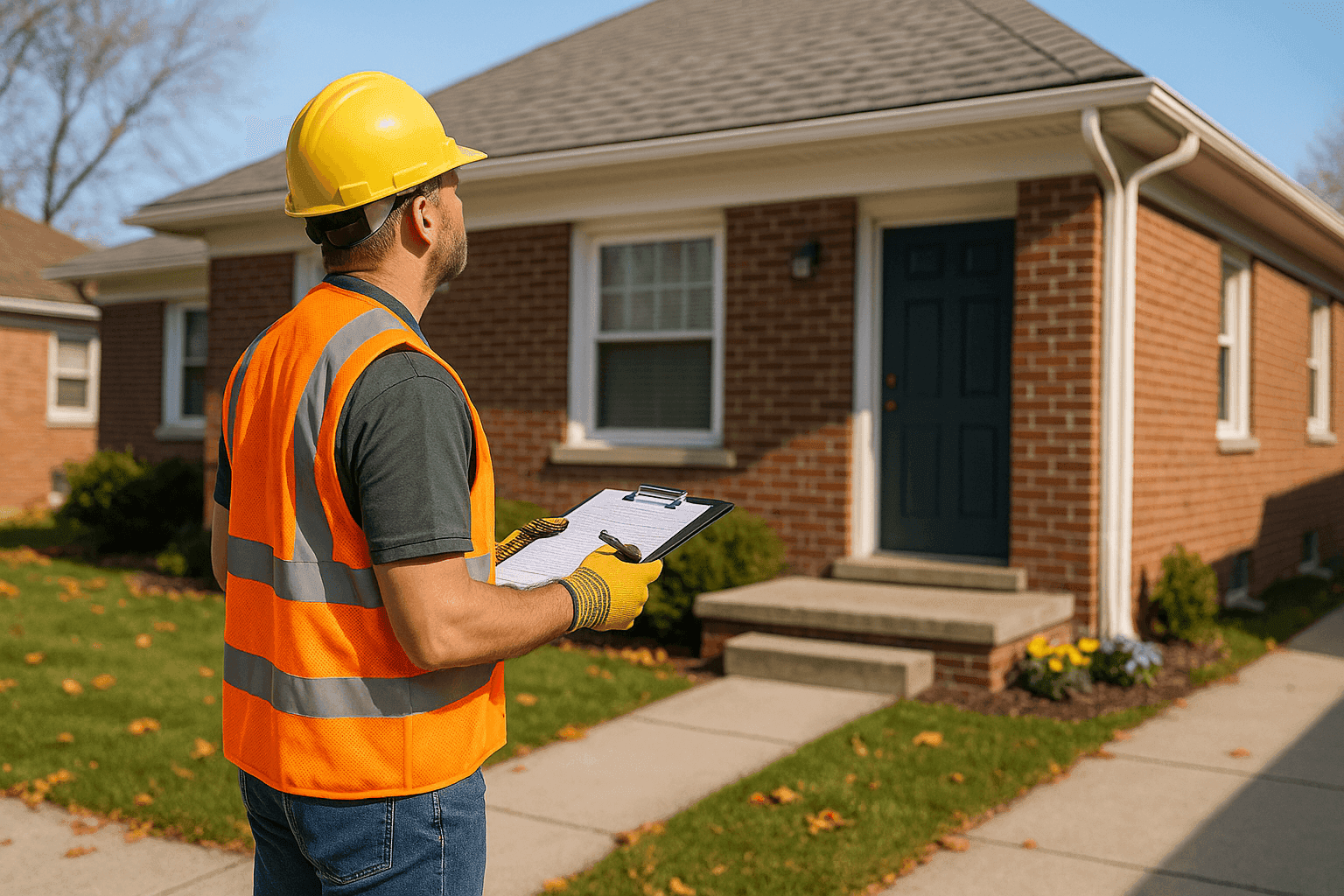 Homeowner using checklist to inspect roof and gutters in different seasons