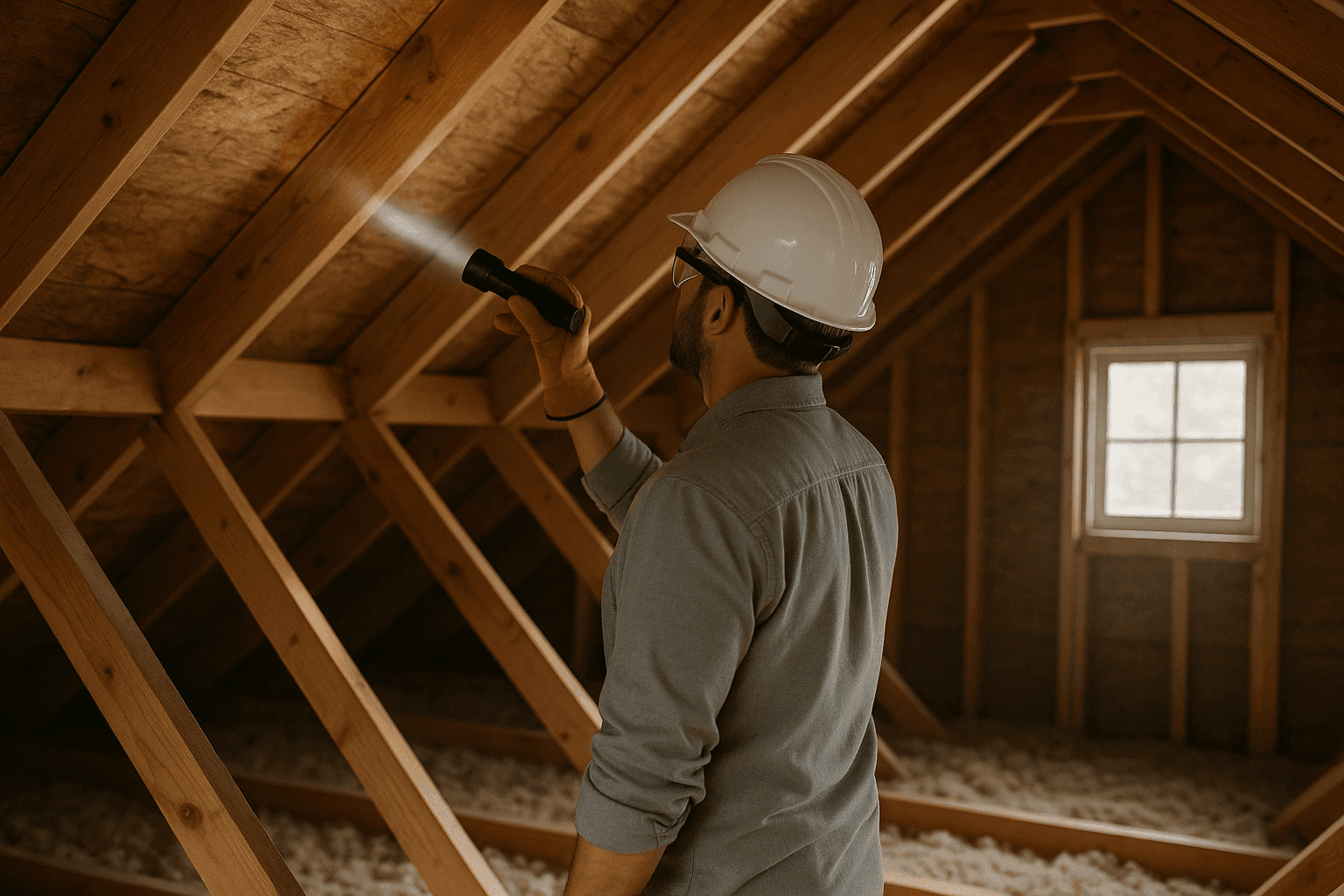 Homeowner inspecting attic ceiling for water stains and leaks