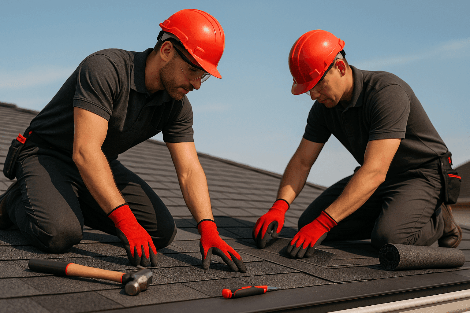 Two OSHA-compliant workers inspecting and installing roofing materials on a clean residential rooftop
