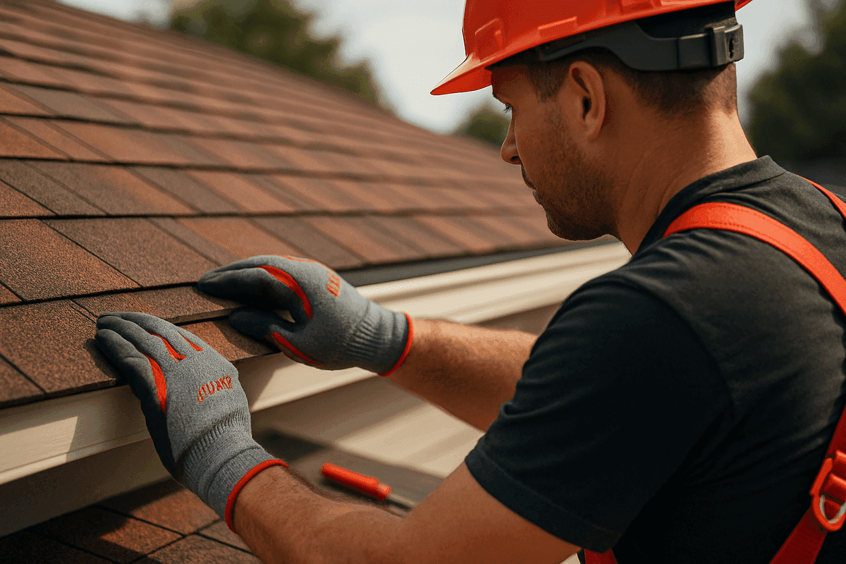 Close-up of roofer’s gloved hands aligning red roofing shingles on a tidy residential roof